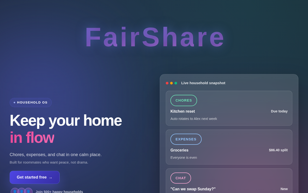 FairShare landing page showing its chore, expense, and chat features